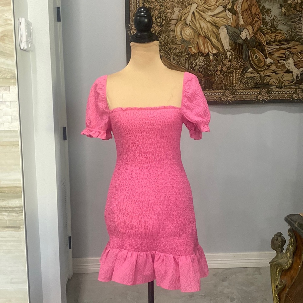 Zara pink puff sleeve square neck line mini dress.